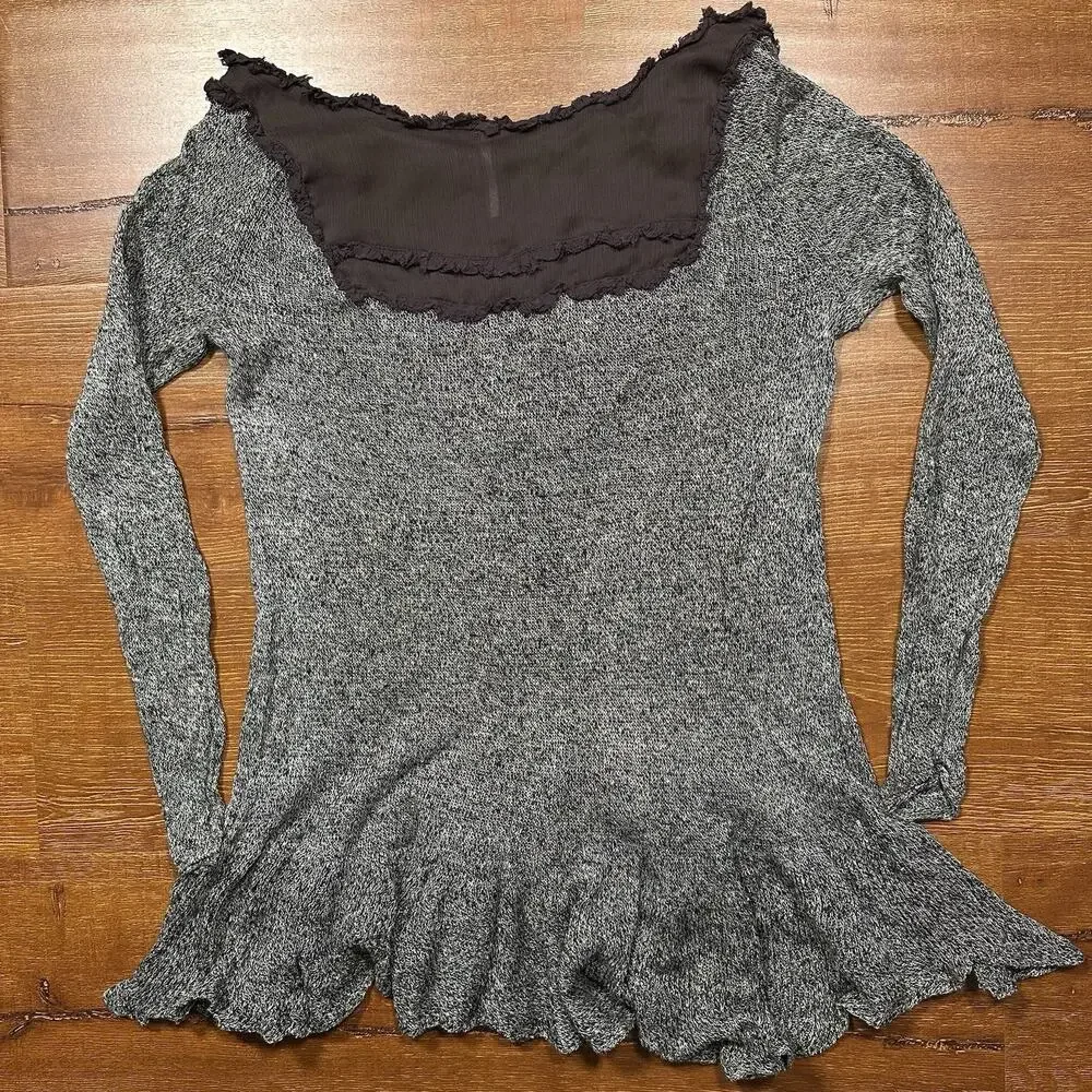 Free People Top Womens S/M Gray 100% Linen Long Sleeve Y2K Bella Swan Babydoll